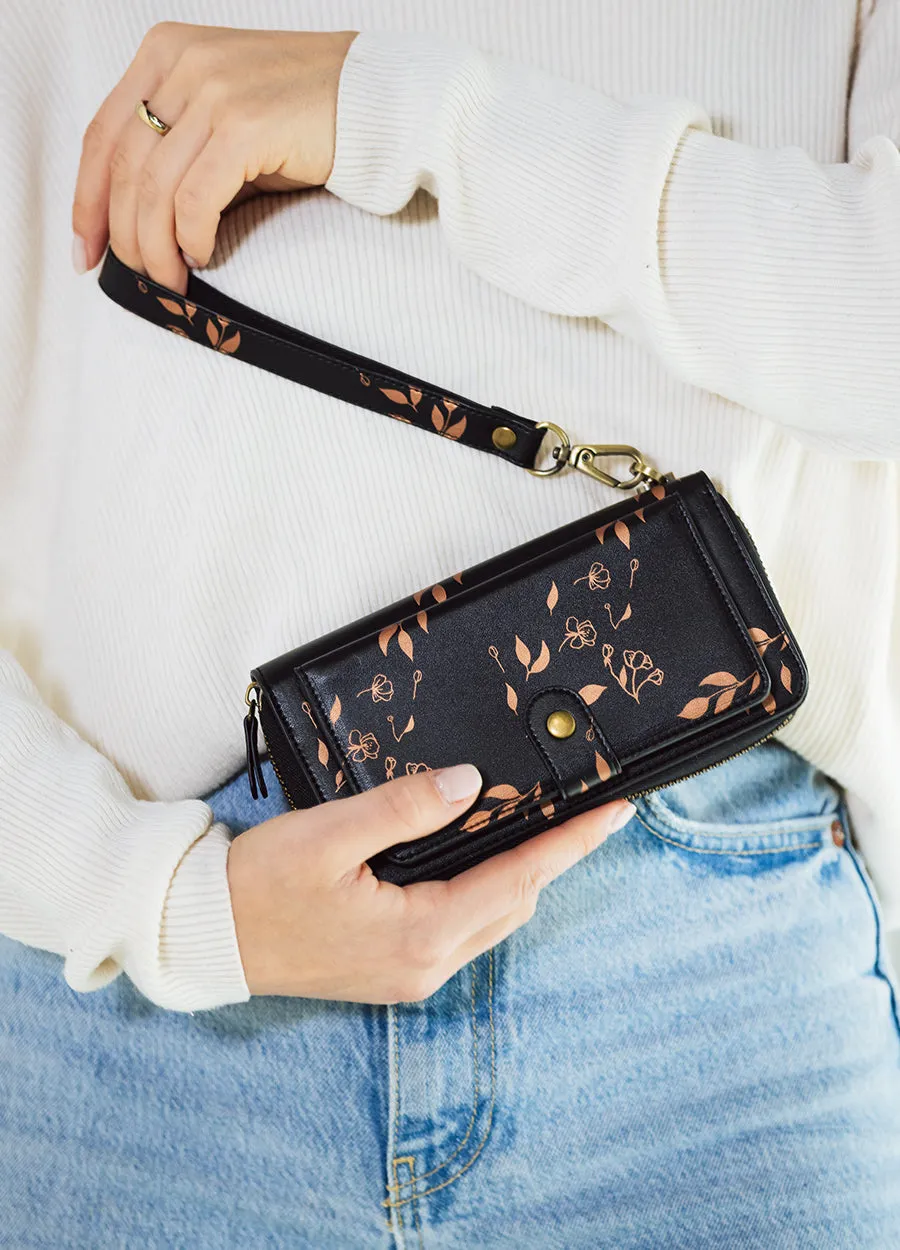 Ultimate Wristlet Phone Case in Black & Bronze Leaves