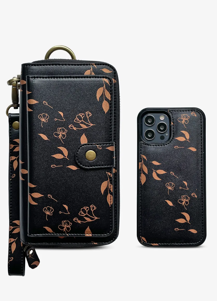 Ultimate Wristlet Phone Case in Black & Bronze Leaves