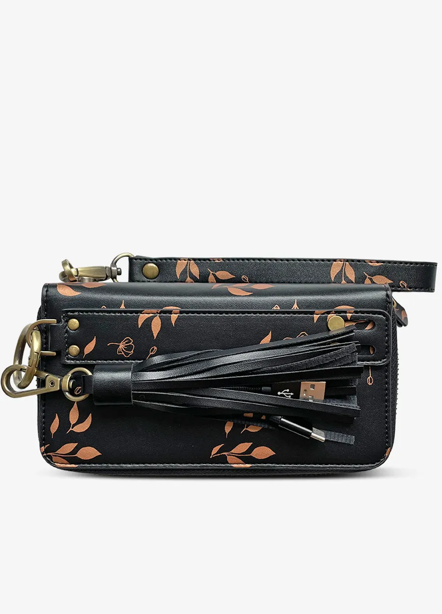 Ultimate Wristlet Phone Case in Black & Bronze Leaves