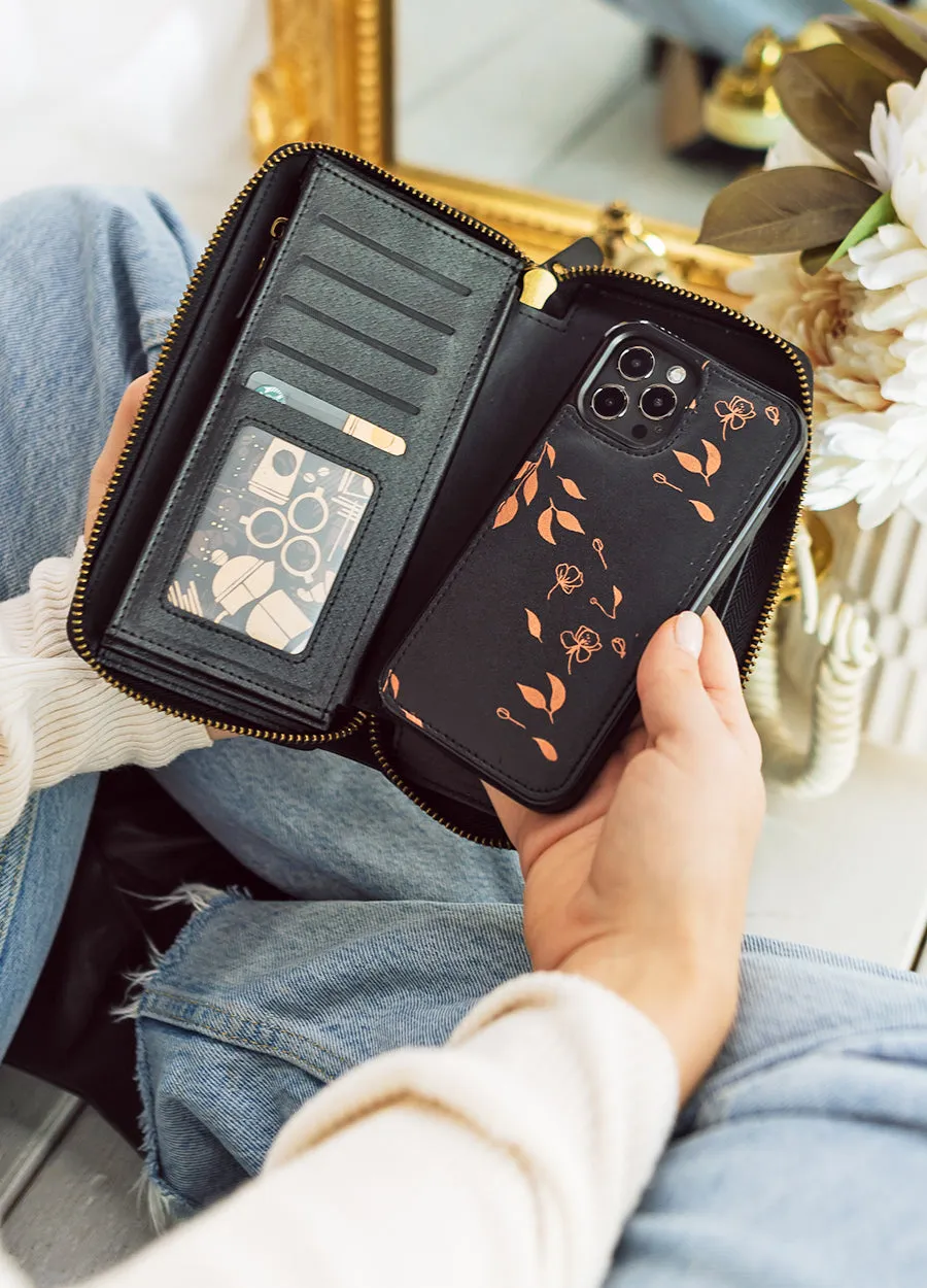 Ultimate Wristlet Phone Case in Black & Bronze Leaves