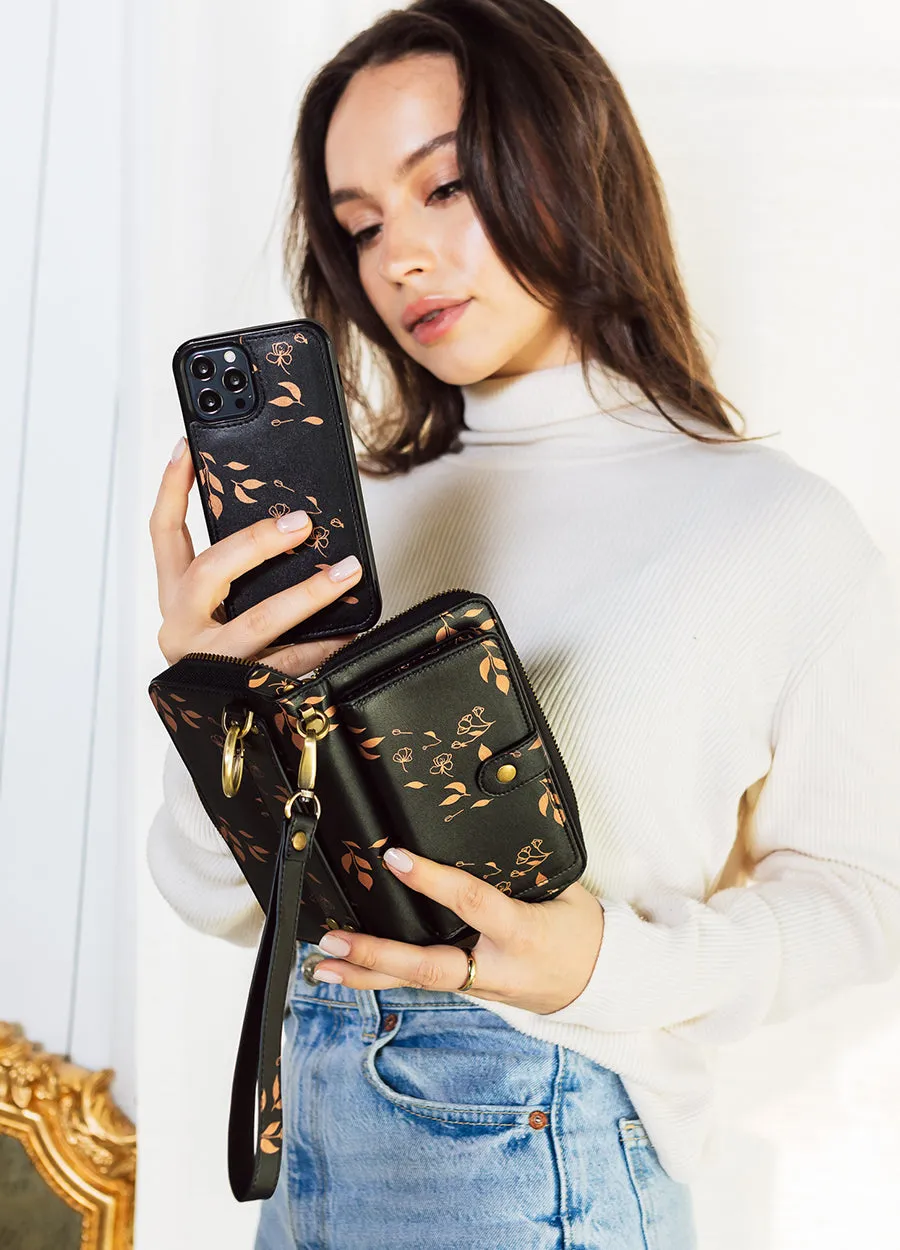 Ultimate Wristlet Phone Case in Black & Bronze Leaves