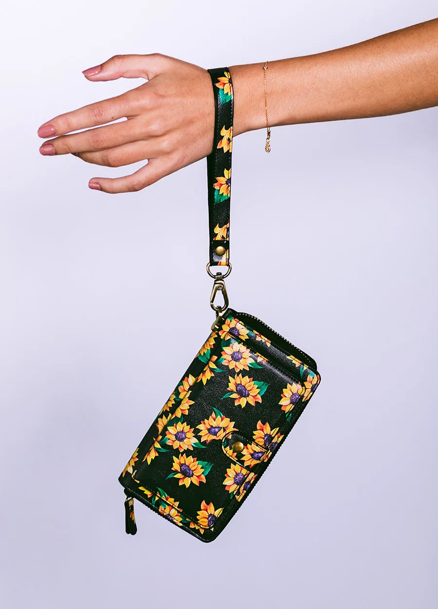 Ultimate Wristlet Phone Case in Black Sunflower