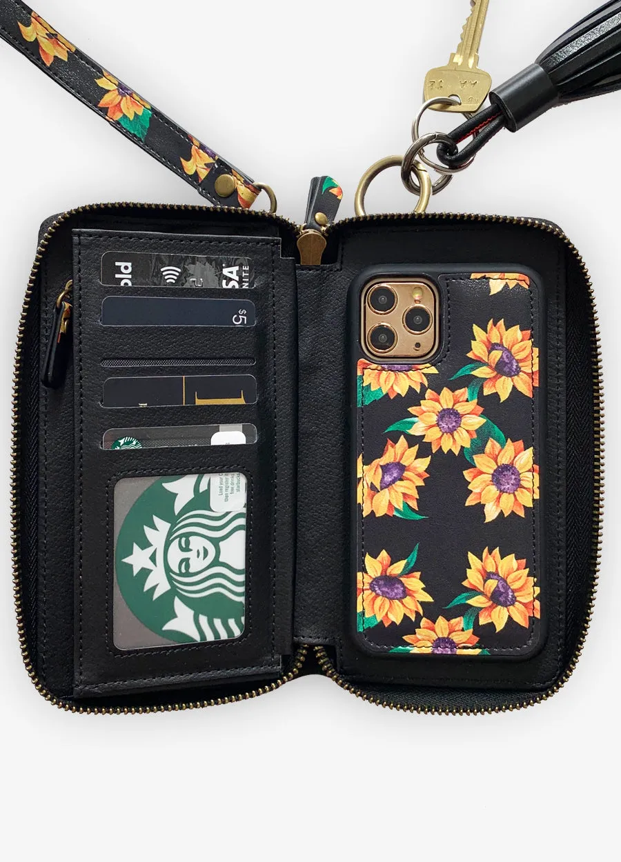 Ultimate Wristlet Phone Case in Black Sunflower