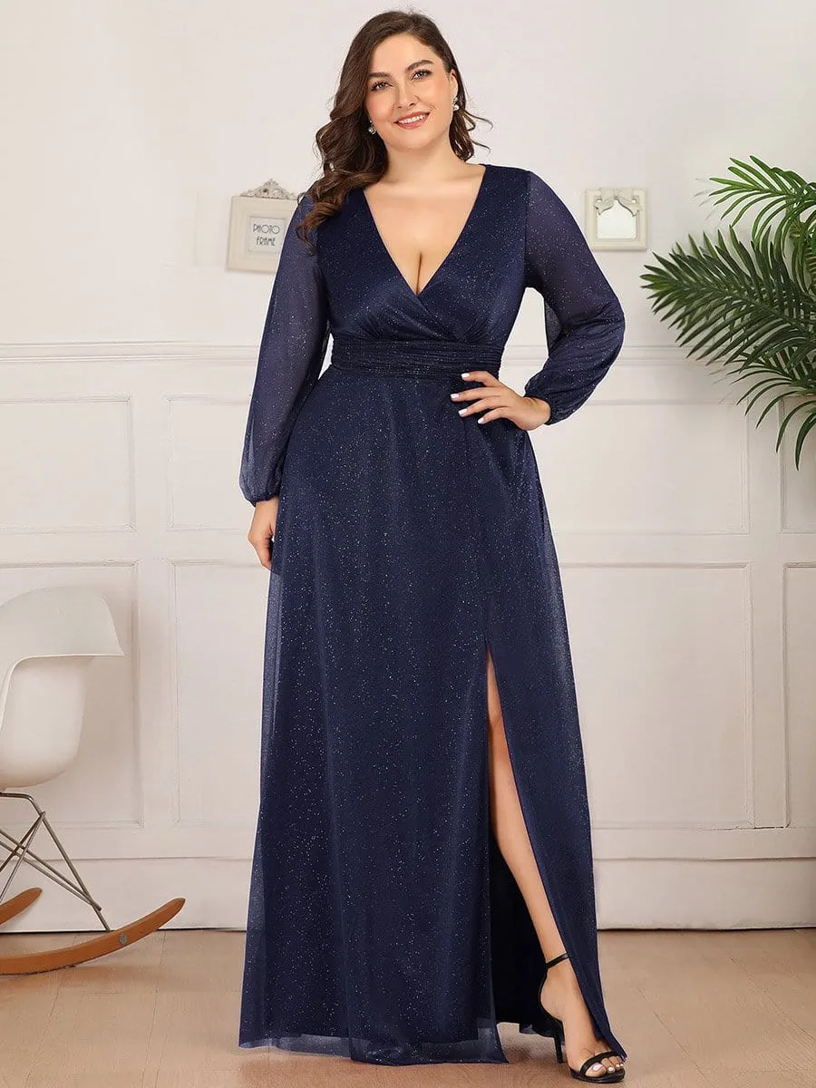 Women's Sexy Long Sleeve V-Neck Shiny Evening Dress