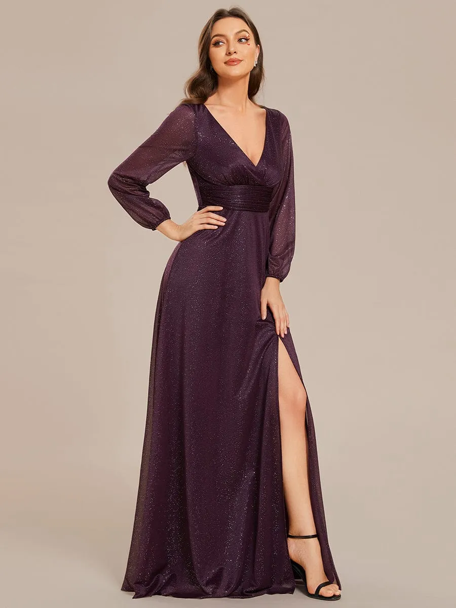 Women's Sexy Long Sleeve V-Neck Shiny Evening Dress