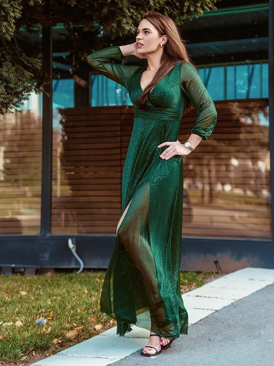 Women's Sexy Long Sleeve V-Neck Shiny Evening Dress