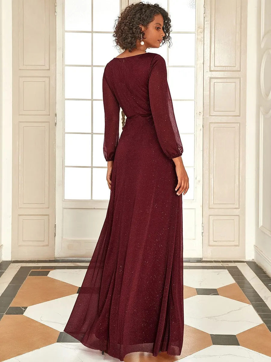 Women's Sexy Long Sleeve V-Neck Shiny Evening Dress