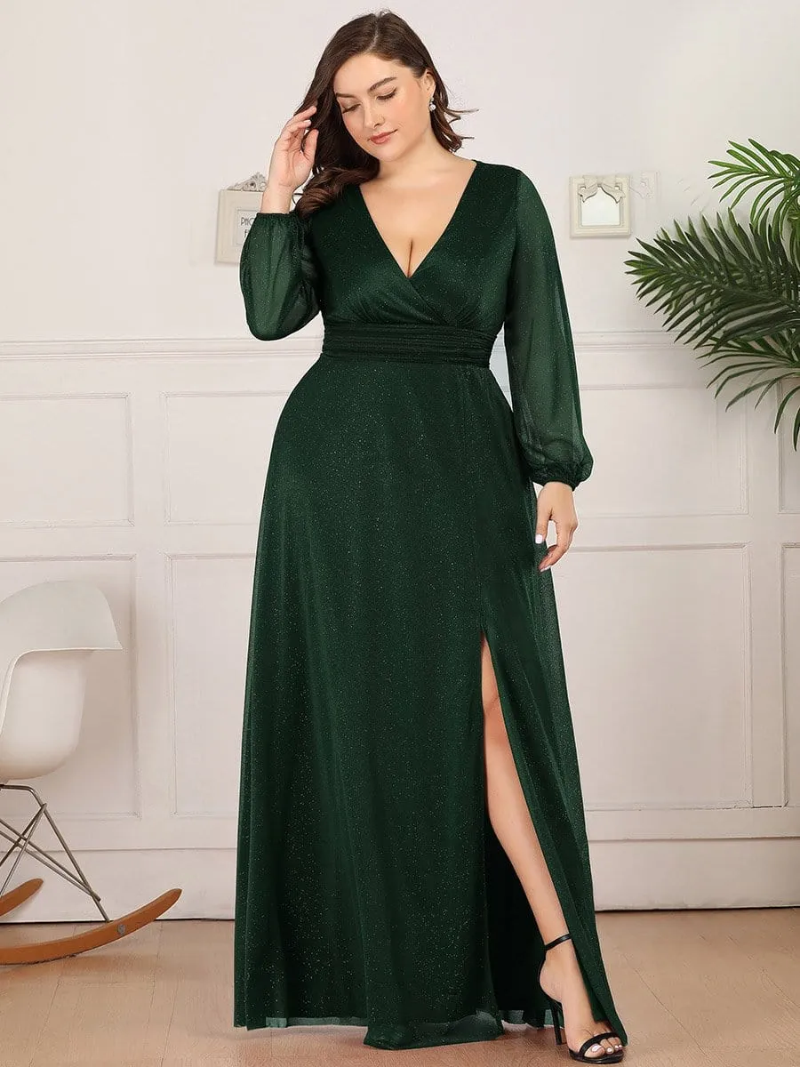 Women's Sexy Long Sleeve V-Neck Shiny Evening Dress