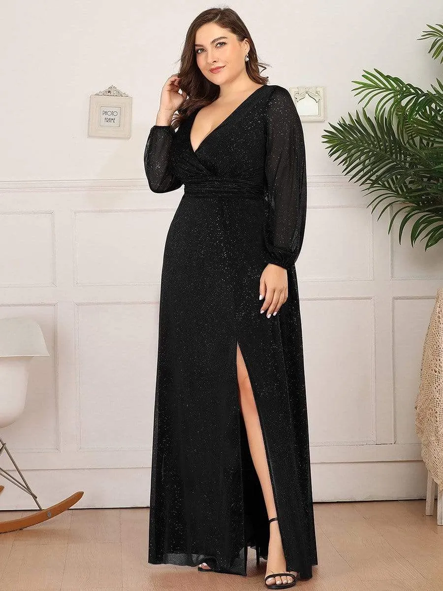 Women's Sexy Long Sleeve V-Neck Shiny Evening Dress