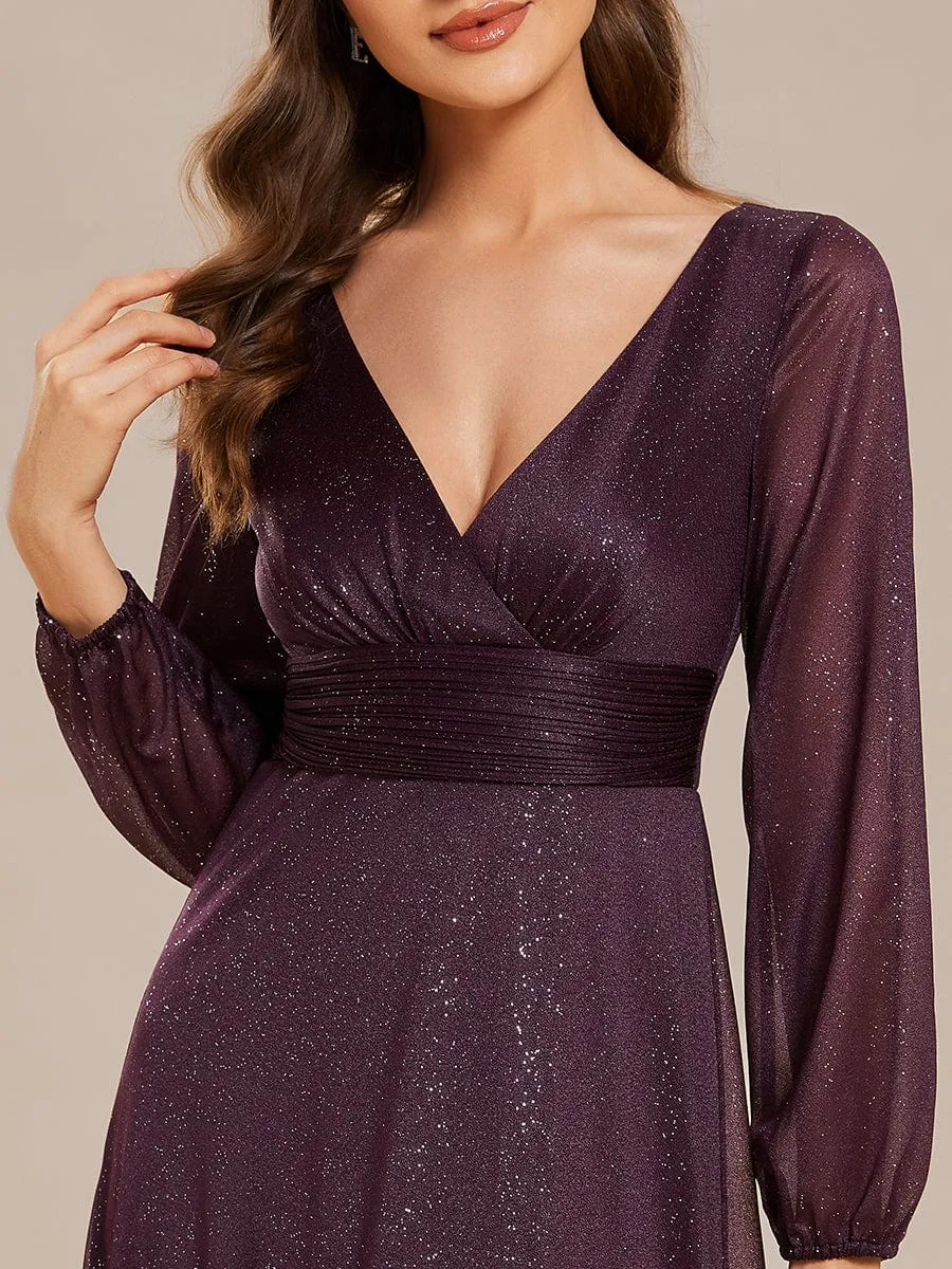 Women's Sexy Long Sleeve V-Neck Shiny Evening Dress